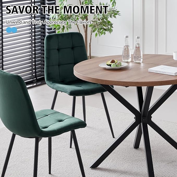39" Round Dining Table Set for 4, Mid Century Kitchen Table with 4 Green Velvet Upholstered Dining Chairs for Apartment Living Room Space Saving