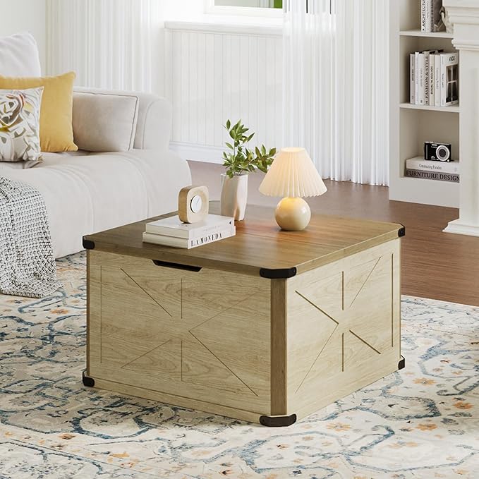 HOPUBUY Farmhouse Coffee Table with Hidden Storage - Rustic Wood Center Table for Living Room, Metal Corner Reinforcement, Square Design with Flip-Top Compartment, Brown and Rustic White