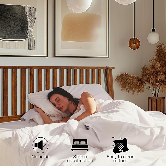 Acacia Kaylin Bed Frame with Headboard Solid Wood Platform Bed, Queen Bed Frame, Themed Headboard Wood Bed Compatible with All Mattress Types, No Box Spring Needed, Quick & Easy Assembly, Caramel.