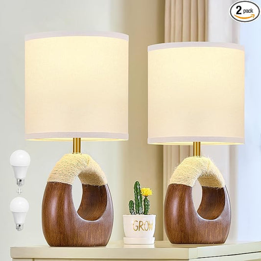 Table Lamp for Bedroom Set of 2 - Bedside Table Lamps with 3 Color Temperatures - Boho Rattan Lamps for Night Stands Small Farmhouse Living Room Lamp for Reading Sleeping Bulbs Included