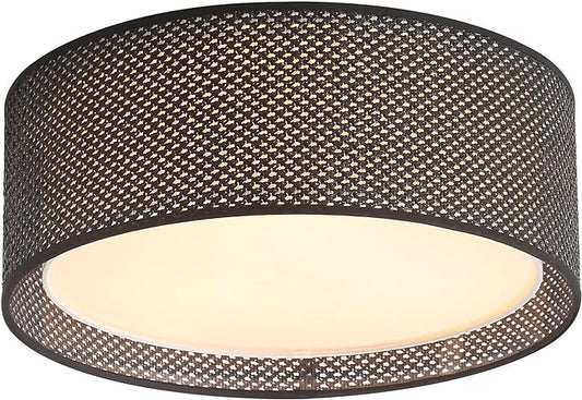 WINGBO 15.7" Modern 3-Light Flush Mount Ceiling Light Fixture with Fabric & Acrylic Double Drum Shade for Bedroom Living Room Dining Room Hallway Entryway, Black