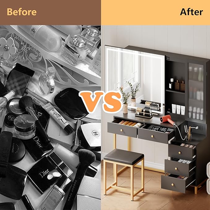 Black Makeup Vanity Desk with Sliding Mirror and LED Lights,Power Outlet&Vanity Stool for Makeup Table,Makeup Organizer Countertop with Cabinets&5 Storage Drawers