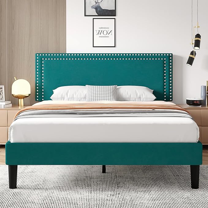 VECELO Bed Frame Queen Size with Adjustable Upholstered Headboard, Wooden Slats Platform, Noise-Free Design, Easy Assembly