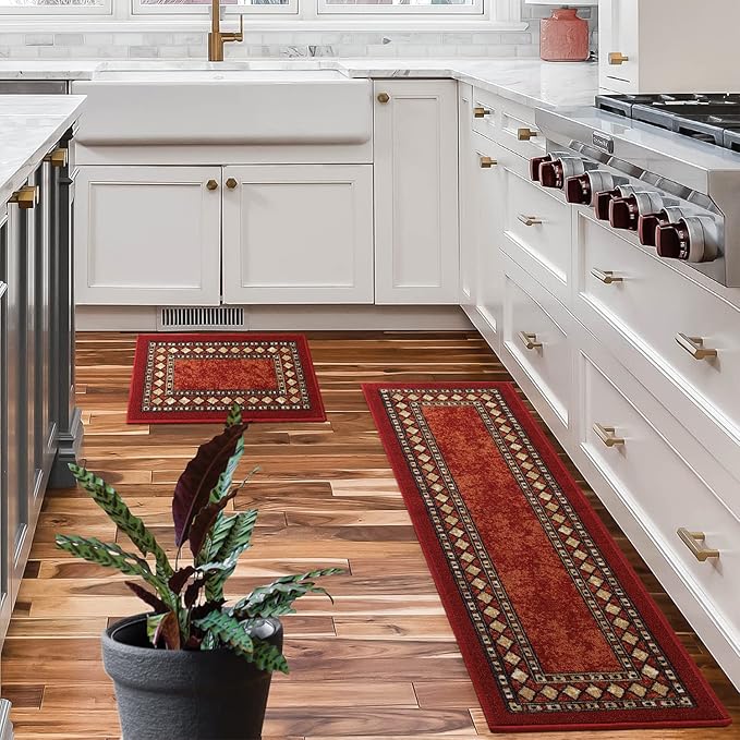 Antep Rugs Alfombras Modern Bordered 2pc Non-Skid (Non-Slip) Low Profile Pile Rubber Backing Indoor Kitchen Runner Rugs (Maroon Beige, 2pc Set)