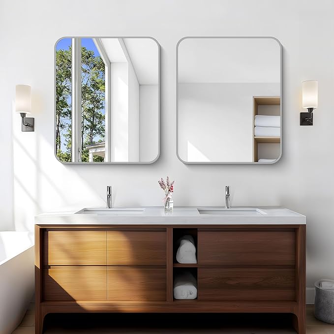 Silver Bathroom Mirror, 30 x 36 Inch Metal Framed Silver Rectangle Mirror, Rounded Corner Rectangular Vanity Mirror, Wall Mounted Mirror for Living Room Bedroom Entryway Horizontal/Vertical