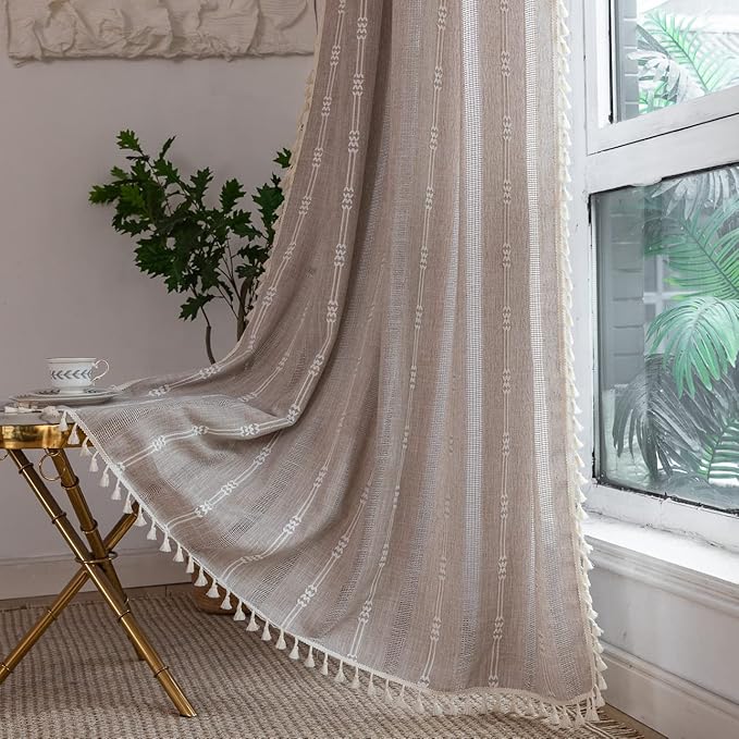 Linen Curtains 108'' Long for Living Room 2 Panels Set, Embroidery Curtains Tassel Boho Curtains for Bedroom Light Filtering Window Curtains Rod Pocket Drapes (52'' W x 108'' L,Khaki)