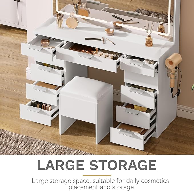 DWVO Makeup Vanity with Large Mirror and Lights, 46" Vanity Desk Dressing Table Set with 11 Drawers & Storage Stool, Dressing Table with Power Outlet and Magnifying Glass, Dressing Room, White
