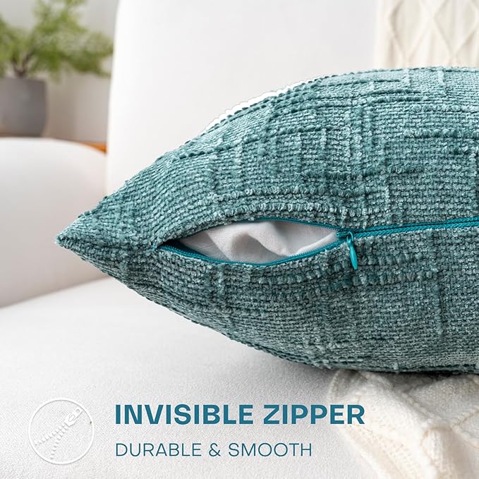 Decorative Throw Pillow Covers 20x20 Inch Set of 2, Soft Solid Farmhouse Chenille Couch Pillows, Spring Pillow Covers for Couch Sofa Bed Living Room Home Decor Pillowcase, Teal