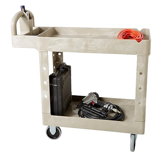 BRUTE Heavy Duty 2-Shelf Utility/Service Cart, Small, Lipped Shelves, Ergonomic Handle, 500 lbs. Capacity, Beige, for Warehouse/Garage/Cleaning/Maintenance