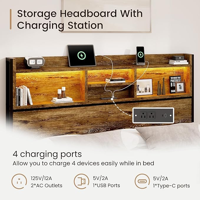 Queen Storage Bed Frame with 6 Drawers, USB Charging Station, No Noise, No Box Spring Required, Vintage Brown Headboard Platform Bed