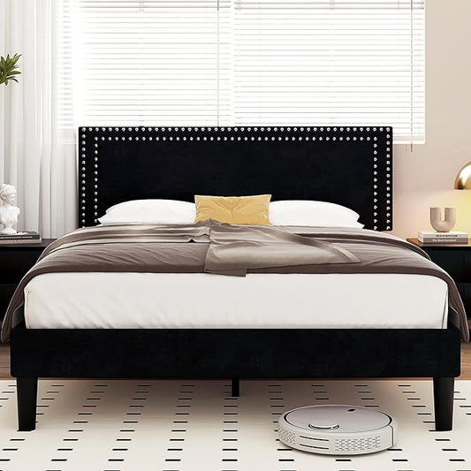 VECELO Queen Size Bed Frame with Adjustable Upholstered Headboard, Wooden Slats Platform, Noise-Free Design, Easy Assembly