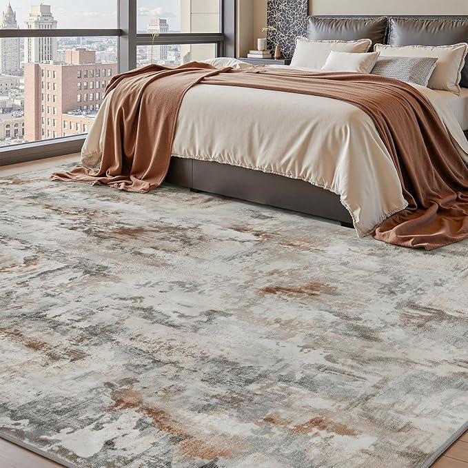 tchdio Area Rug 9x12 Rugs for Living Room- Abstract Soft Living Room Rug-Non Slip Carpet- Washable Rug for Bedroom Dining Room Home Office Modern Rugs Light Grey/Brown/Red
