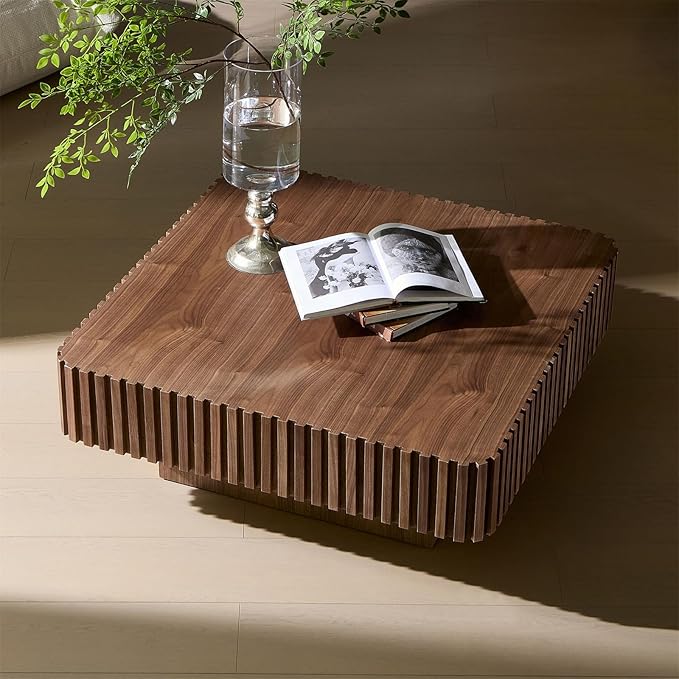 Square Coffee Table for Living Room, Accent Fluted Coffee Table with Storage, Modern Solid Wood Veneered Large Center Tea Table for Small Space Apartment (35.4''D×16''H-Walnut)
