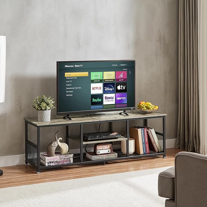 VECELO TV Stand with Power Outlets for Televisions up to 65Inch, 55" Media Entertainment Center with Charging Station 3-Tier Open Storage Shelves with Metal Frame for Living Room/Bedroom，Grey