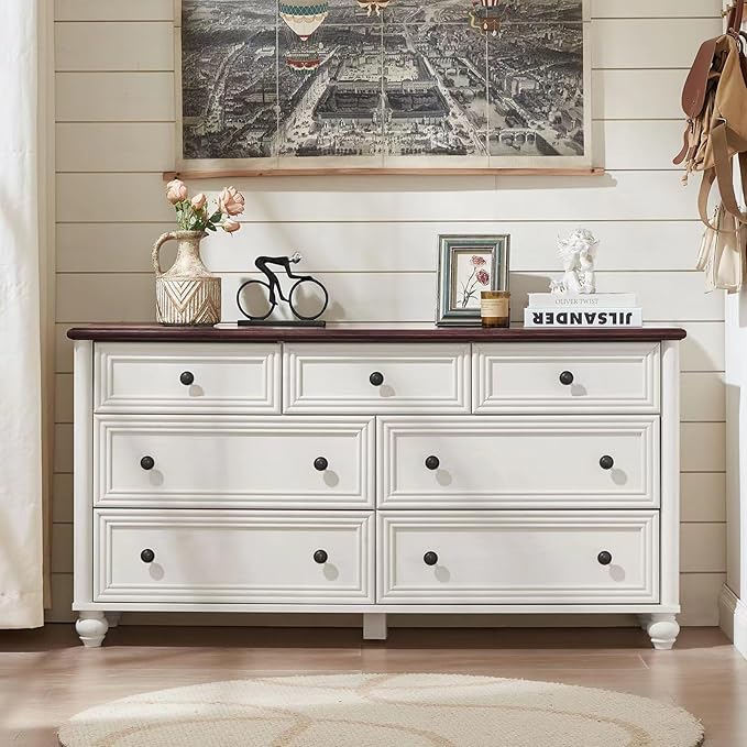 7 Drawers Dresser for Bedroom, Farmhouse 54" Wide Wood Dressers Chest of Drawers, Vintage Design TV Stand, Rustic Storage Dresser Organizer with Metal Handle Closet for Living Room, Hallway