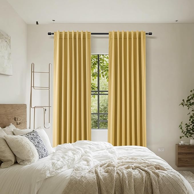 Guken Blackout Curtains 102 Inch Length 2 Panels Set for Living Room Bedroom Back Tab Thermal Insulated 100% Black Out Linen Drapes Room Darkening Window Curtains 102 Inches Long,Gold