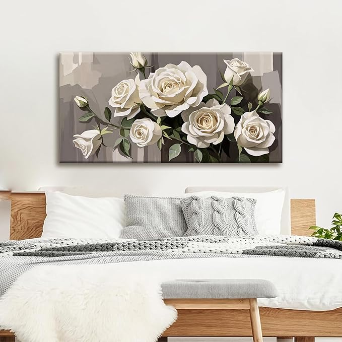 Tsomzxng Canvas Art Wall Decor White Flowers Wall Art For Living Room Picture Modern Landscape Wildflower Painting Home Wall Decor 24"X 48" Bedroom Office Artwork