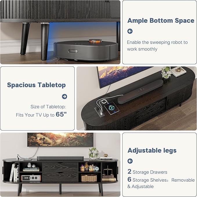 Alohappy 59" Mid Century Modern TV Stand with Charging Station, Curved Edge Fluted TV Console Table with Drawer and Shelf, Farmhouse Media Entertainment Center for Living Room, Bedroom, Black