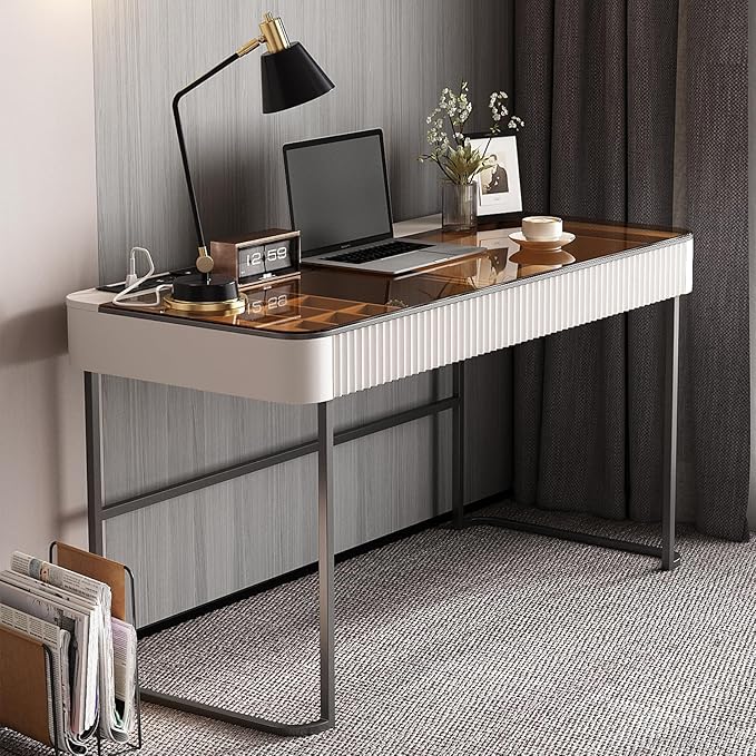 Lartis Office Desk with Drawer - Writing Desk with Intelligent Socket Computer Desk with USB Port Compartmentalized Storage for Home Office Working Gaming