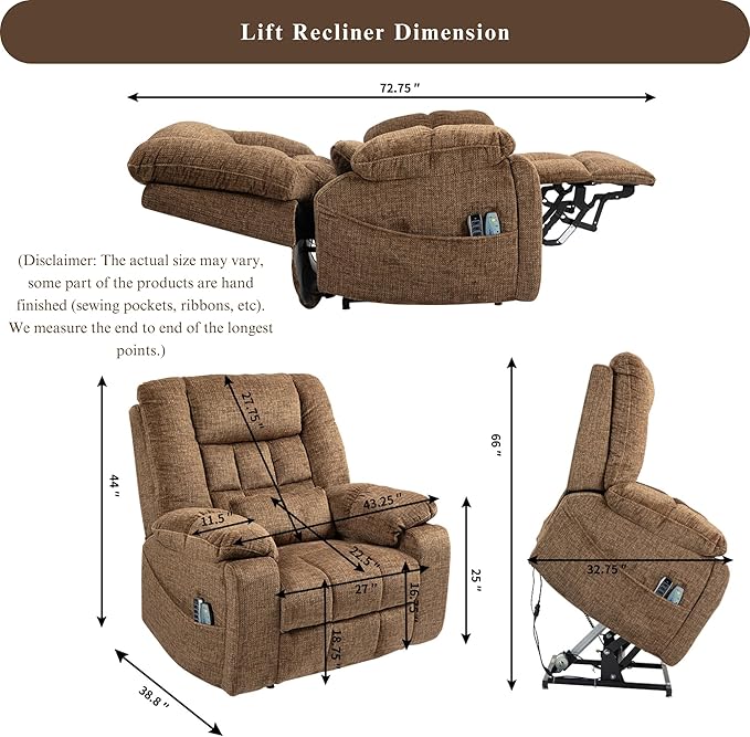 4-Motor Power Lift Chair with Heat & Massage - Power Adjustable Headrest, Backrest, Lumbar & Footrest - 27-inch Wide Seat Lay Flat Recliner, 8-Point Massage (Lumbar Heating)