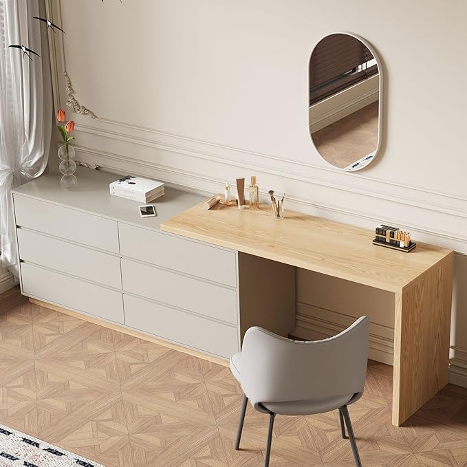 Modern Expandable L-Shaped Vanity Desk with 6 Drawers, Adjustable Computer Table for Home Office, Study, Writing, Gaming, and Bedroom Makeup, Beige, 56-98.5 ″