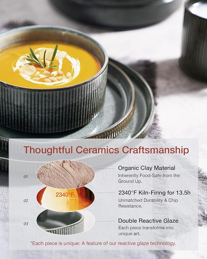 Famiware Star Dinnerware Set, Plates and Bowls Sets for 6 (18pcs), Ribbed Stoneware Dishes - Chip & Scratch Resistant, Microwave & Dishwasher Safe Kitchenware, Deep Forest