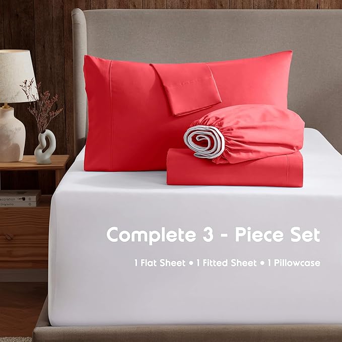 Nestl Twin Sheet Set - 1800 Ultra-Soft Microfiber Twin Bed Sheets - Double Brushed - Deep Pockets - Easy Fit - Extra Soft - 3 Piece Set - Bedding Sheets & Pillowcases (Twin, Red)