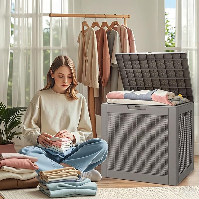 NUNU LAB Outdoor Storage Box, 33 Gallon Resin Deck Box Indoor and Outdoor Use, Waterproof Lockable Patio Storage Bin for Gardening Tools,Package Deliveries,Patio Cushions,UV Resistant,Grey
