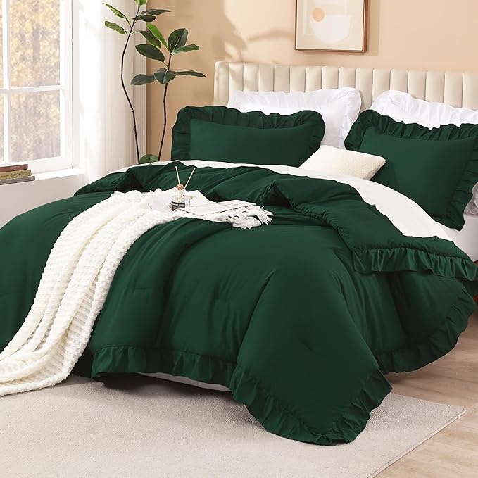 Litanika Dark Emerald Green Queen Comforter Set, 3 Pieces Boho Vintage Solid Forest Ruffle Bedding Set, All Season Lightweight Bed Set (90x90In Comforter & 2 Pillowcases)