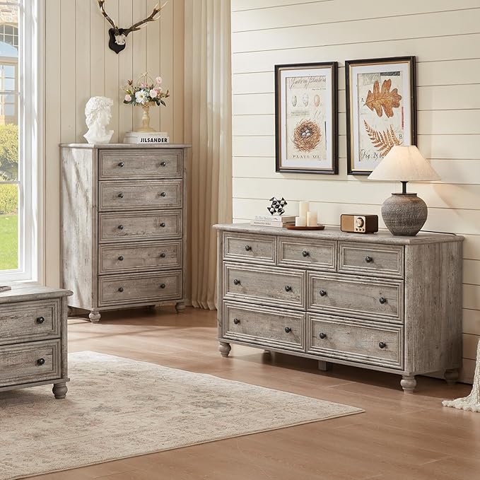 Farmhouse Dressers & Night Stand Set of 3, Wood 54" Wide Dresser & 45"Tall Chest of Drawers, 18" with Charging Station Nightstand, Bedroom Furniture 7 Drawer Dresser Set for Home Living Room Hallway