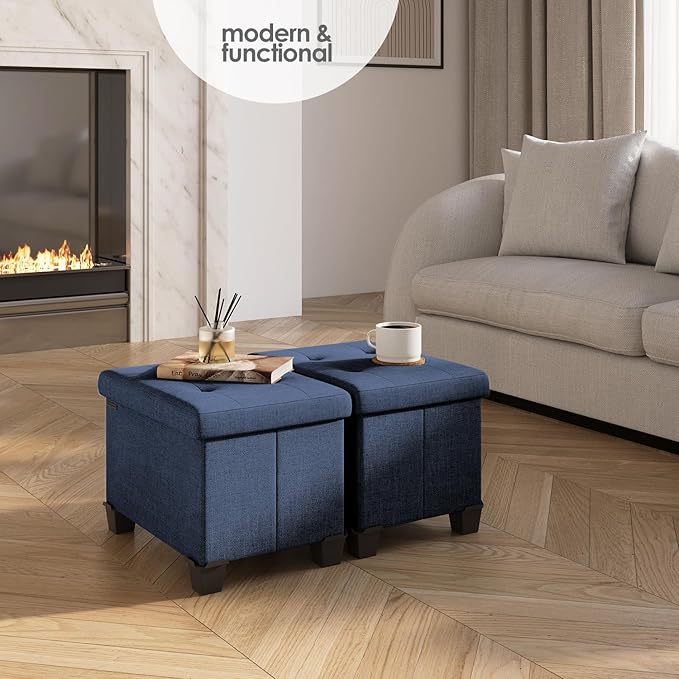 STORAGEBUD Storage Ottoman Cube with Small Bin, 16-in Square Ottoman with Storage for Living Room and Bedroom, Small Ottomans Foot Rest, Fabric Foot Stools Ottomans Max 330lbs, Blue