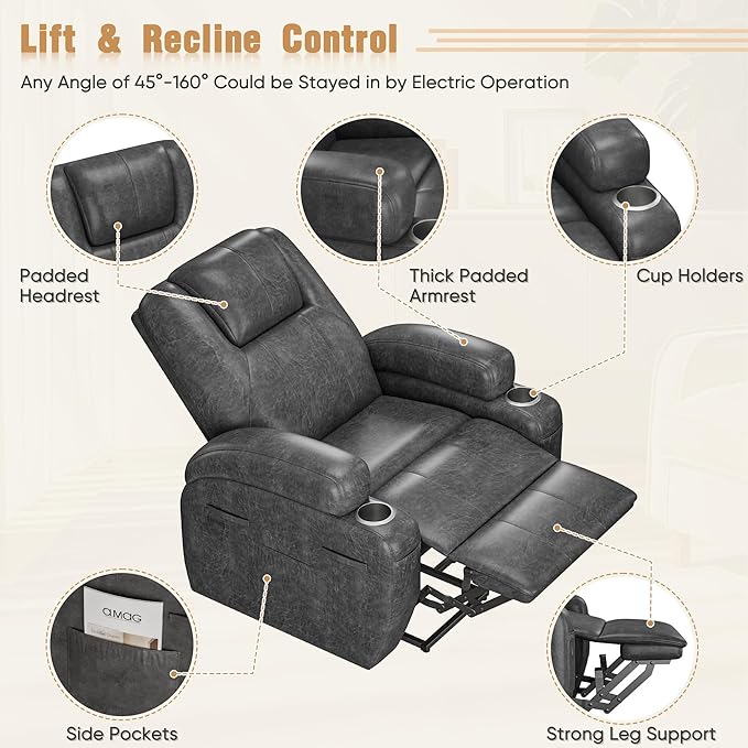Power Lift Recliner Chair with Massage Electric Lift Chair for Elderly, Ergonomic Recliner with Cup Holders & Side Pockets, Modern Single Sofa for Living Room (Leathaire, Deep Gray)