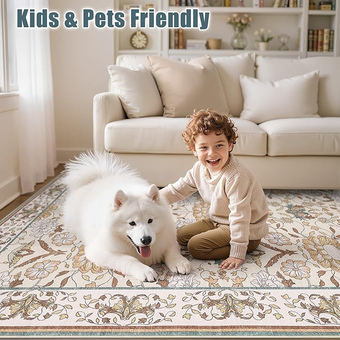 Nursery Rug 9x12 for Kids & Girls - Washable Vintage Large Floral Area Rugs - Ultra Thin Stain Resistant Non Slip Carpets for Kids Playroom, Living Room, Bedroom, Dining Room, Office - Floral