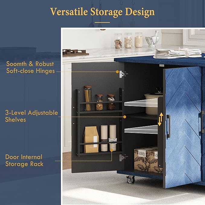 51.2" W 3D Wave Stripes Ash Veneer Kitchen Island with Drop Leaf, Farmhouse Kitchen Island on Wheels with Internal Storage Rack, Rolling Cart, Not Cheap Paper, Navy Blue