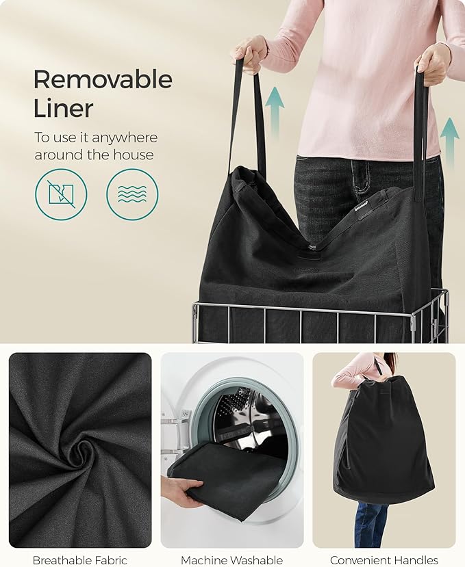 SONGMICS Laundry Hamper, 23.8 Gal. (90L) Laundry Basket, Collapsible Clothes Hamper, Removable and Washable Liner, Metal Wire Frame, for Bedroom Bathroom, Silver and Classic Black ULCB190B01