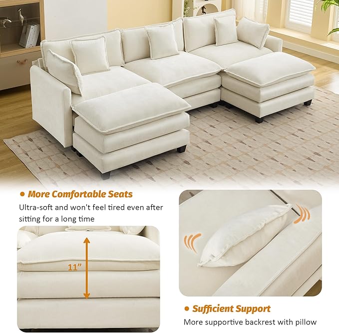 111'' Sectional Cloud Deep Seat Couch, Oversized Chenille U Shaped Sectional Sofa for Living Room Set, Comfy Upholstered Modular 5-Seats Sectional Sofa Couch with 2 Movable Ottoman, Beige