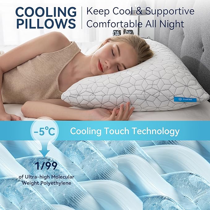 Cooling Shredded Memory Foam Pillows for Sleeping 2 Pack, Adjustable Bed Pillow for Side Back Stomach Sleepers Luxury Gel Pillows Queen Size Set of 2 with Washable Removable Cover