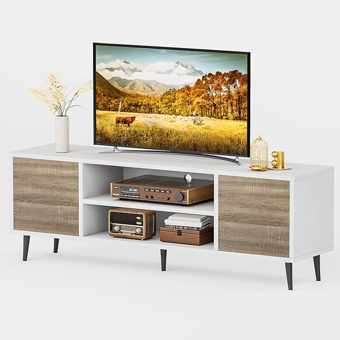 JUMMICO TV Stand for 65 Inch TV, Mid Century Modern TV Stand, Entertainment Center with Storage Cabinet and Open Shelves, TV Console Table Media Cabinet for Living Room, Bedroom and Office (Oak)