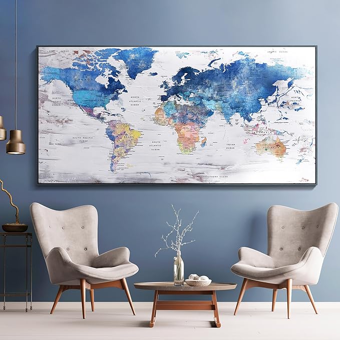 Pogusmavi-World Map Wall Art-Modern Art Wall Decor-Framed Artwork For Walls-Canvas Paintings For Office-Large Pictures For Living Room 30x60 Black Framed
