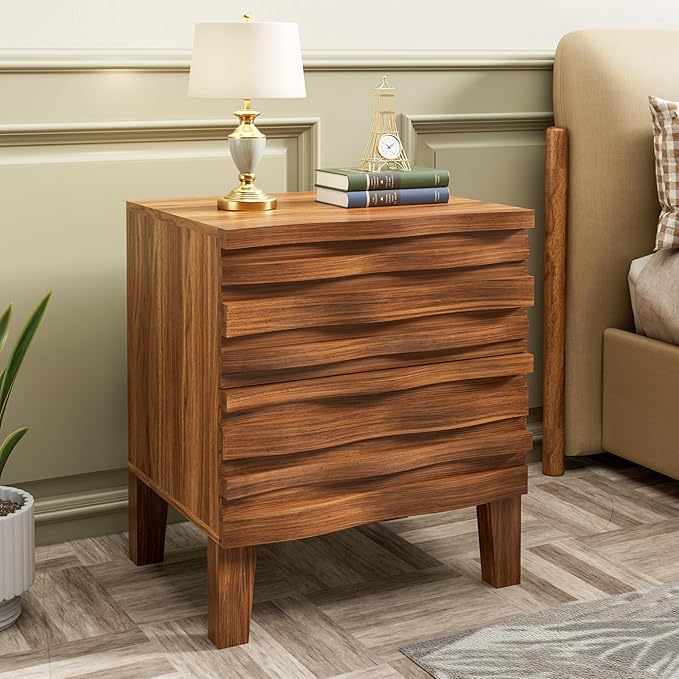 UEV Solid Wood Nightstand, 19.7" W Boho Nightstand with 2 Drawers, Fluted Wood Night Stand, Mid Century Modern Bed Side Table for Bedroom,Living Room, Natural Wood