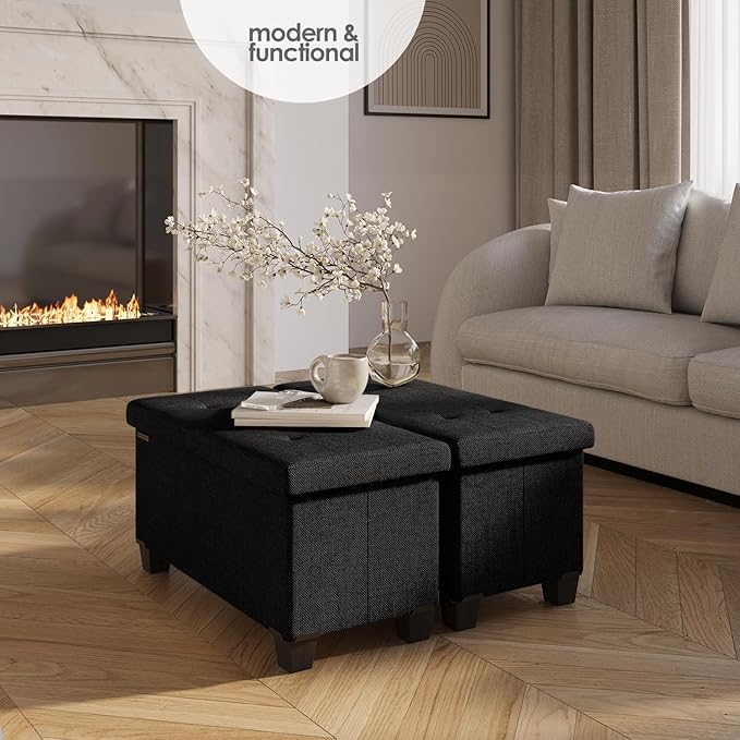 STORAGEBUD Storage Ottoman Bench with Bins, 30-in Storage Bench for Bedroom End of Bed, Folding Foot Rest Ottoman for Living Room Max 660lbs, Fabric Ottomans, Black