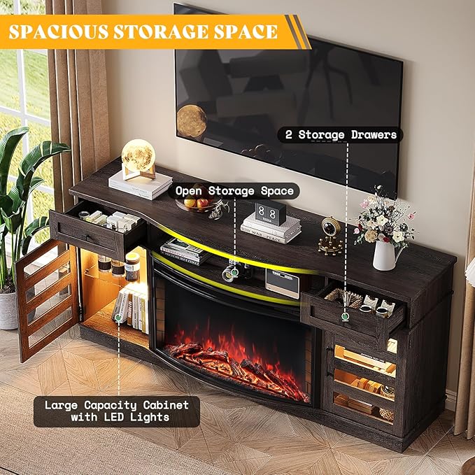 Farmhouse Curved Fireplace TV Stand, 70" LED Light Entertainment Center Table with 36'' Upgrade Electric Fireplace TV Console Cabinet for TVs Up to 80", Dark Walnut