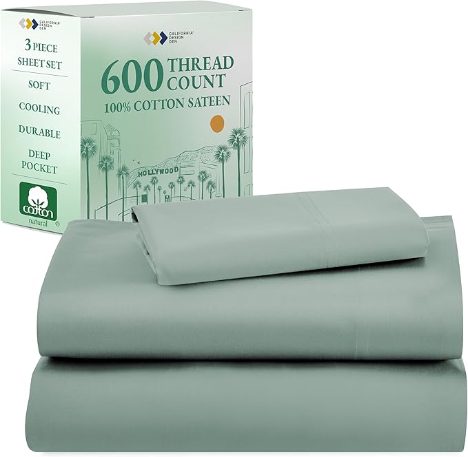 California Design Den Luxury Twin Sheet Set - 100% Cotton, 600 Thread Count Deep Pocket Twin Sheets, Soft Hotel-Quality Bedding with Sateen Weave (Sage Green - Cool Tone)