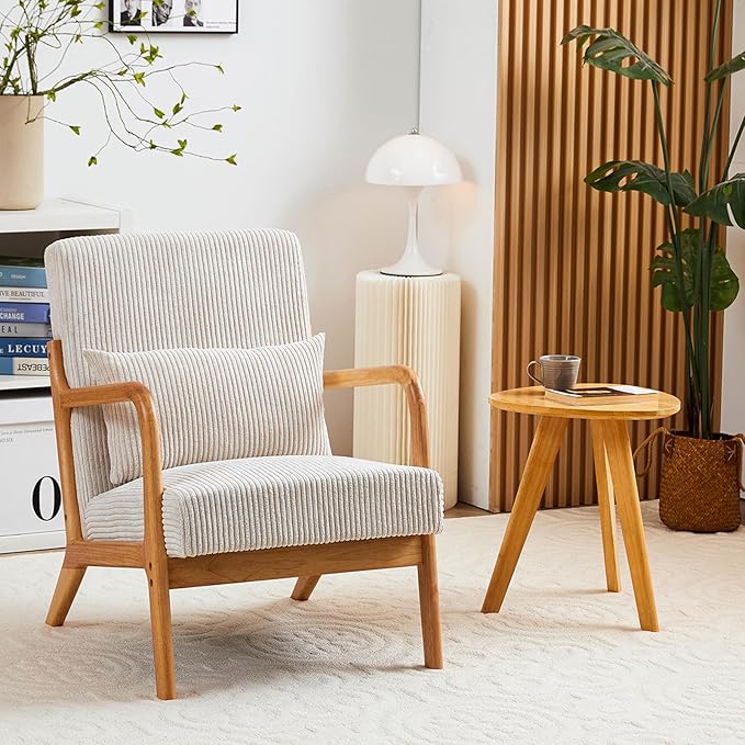 IKIFLY Mid Century Modern Accent Chair with Pillow, Upholstered Lounge Armchair with Solid Wood Frame, Reading Chair with Lumbar Cushion for Living Room, Office, Reading Room, Bedroom - Beige