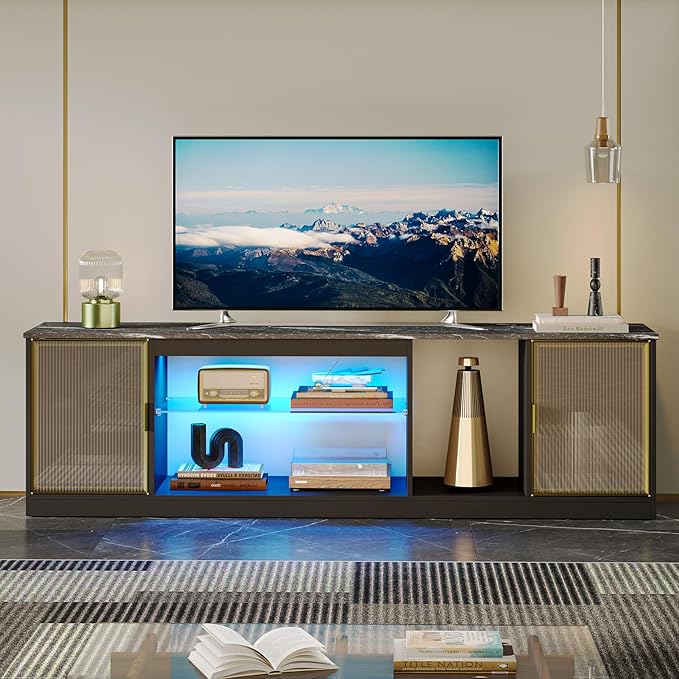 Bestier Gaming TV Stand for TVs up to 80 inch, 70 inch LED Entertainment Center with Adjustable Glass Shelf & Translucent Doors Storage Cabinet for PS5, Modern TV Console for Living Room, Black Marble