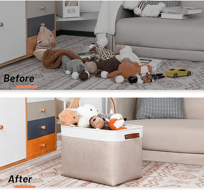 DULLEMELO Fabric Storage Bins, Lining Fabric Baskets For Gifts, Large Storage Baskets for Toys Books Clothes Storage, Foldable Storage Basket for Office Home Shelves Closets Organizing(White&Khaki)