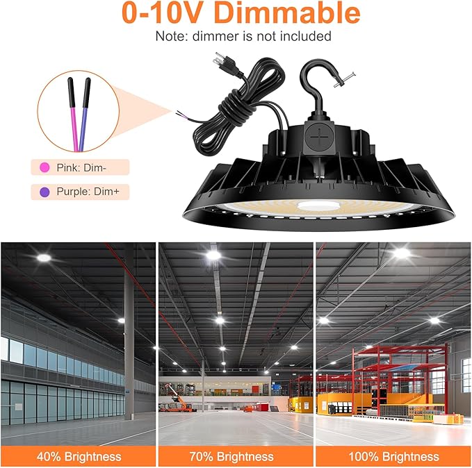 LED High Bay Lights, 150W UFO High Bay LED Shop Lights, 22500LM Adjustable CCT(5700K 5000K 4500K) & Power(150W 120W 80W), 0-10V Dimmable, 5' Cable Plug, IP65 Waterproof, ETL & DLC Listed High Bay