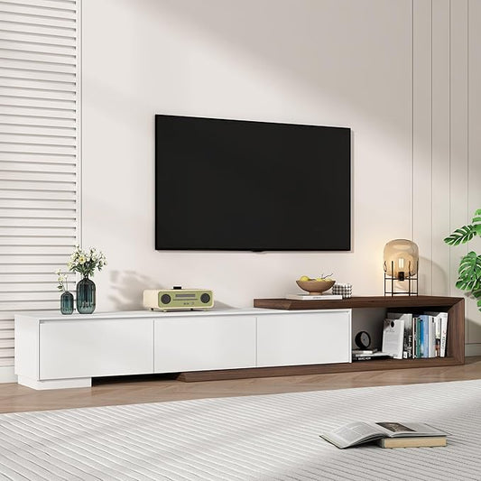 Extendable TV Stand with 3 Drawers, Modern Minimalist Entertainment Center, Reversible Long TV Media Console, Bevel Design, 82-107.3 Inch, White & Walnut