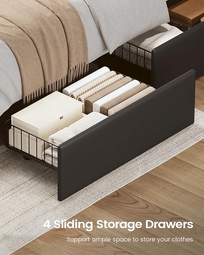 AOGLLATI Full Size Bed Frame with Removable Upholstered Thick Backrest Headboard, Led Bed Frame Full Size with 4 Storage Drawers and Charging Station, No Spring Box Needed, Black