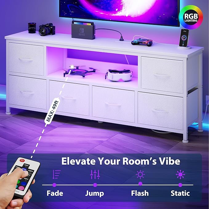 Lulive TV Stand for Living Room, LED White Dresser for Bedroom with 6 Fabric Drawers,43 55 60in TV Stand with Power Outlet, Entertainment Center with Open Shelf